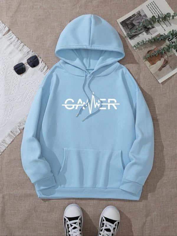 Women's Letter Print Kangaroo Pocket Hoodie, Fashion Casual Long Sleeve Hooded Sweatshirt for Daily Holiday Outdoor Wear,...