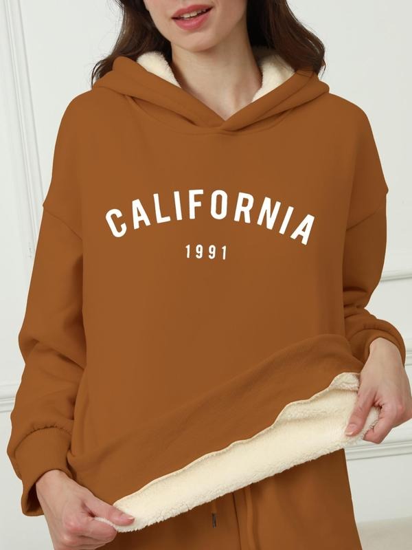 Women's Letter Print Plush Hoodie, 2024 New Style Casual Thicken Long Sleeve Hooded Sweatshirt for Fall & Winter, Women's...