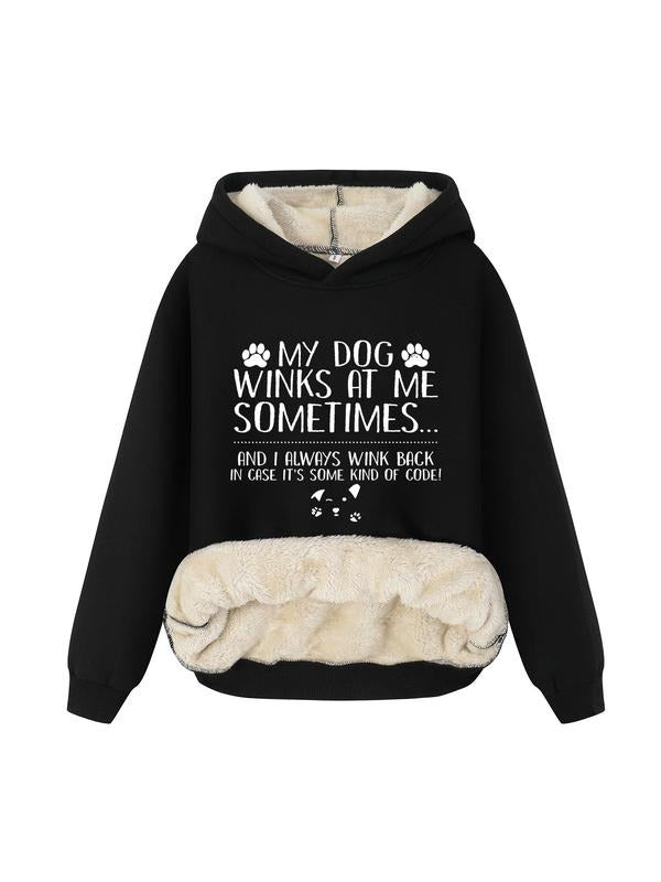 Women's Letter Print Plush Hoodie, Casual Long Sleeve Hooded Sweatshirt for Fall & Winter, Women's Clothes for Daily Wear...