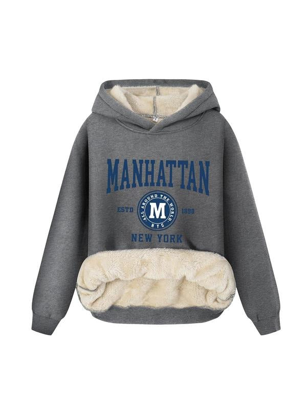 Women's Letter Print Plush Hoodie, Casual Long Sleeve Hooded Sweatshirt for Fall & Winter, Women's Clothes for Daily Wear...