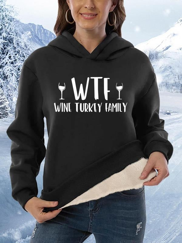 Women's Letter Print Plush Hoodie, Casual Long Sleeve Hooded Sweatshirt for Winter, Fashion Ladies' Top for Daily Wear...