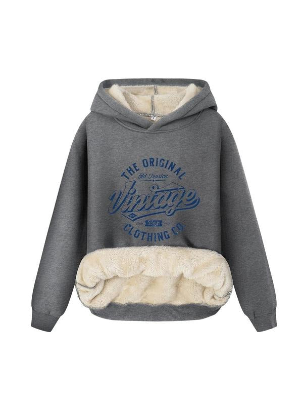 Women's Letter Print Plush Hoodie, Graphic Print Hoodie, Casual Long Sleeve Hooded Sweatshirt for Fall & Winter, Ladies...