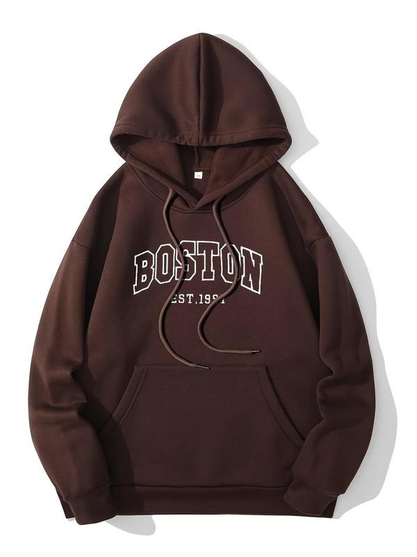 Women's Letter Print Pocket Drawstring Hoodie, Comfort Pullover Tops for Lady, Fashion Casual Drop Shoulder Long Sleeve...