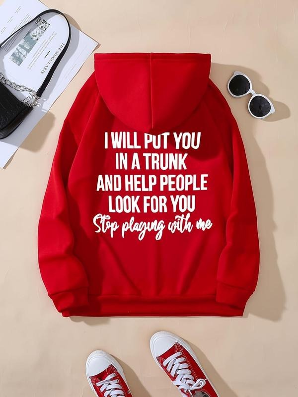 Women's Letter Print Pocket Drawstring Hoodie, Fashion Casual Drop Shoulder Long Sleeve Hooded Sweatshirt for Daily...