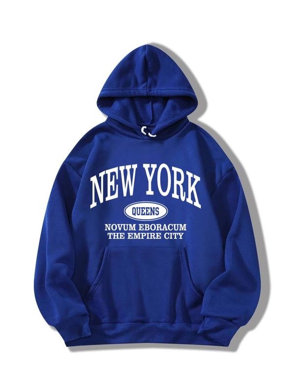 Women's Letter Print Pocket Hoodie Pullover Top, Casual Preppy Long Sleeve Drop Shoulder Hooded Sweatshirt, Cozy Fall...