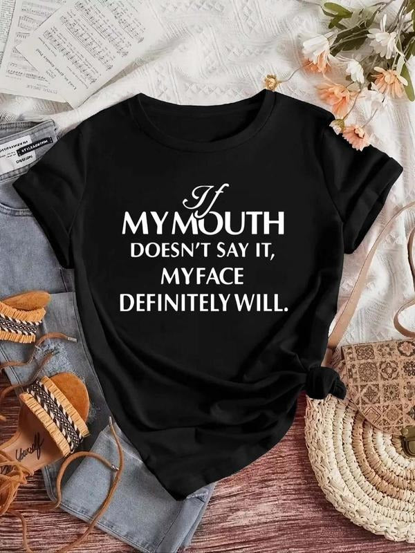 Women's Letter Print Round Neck  Tee, Vintage Trendy Casual Short Sleeve T-shirt for Daily Wear, Ladies Summer Outfit...