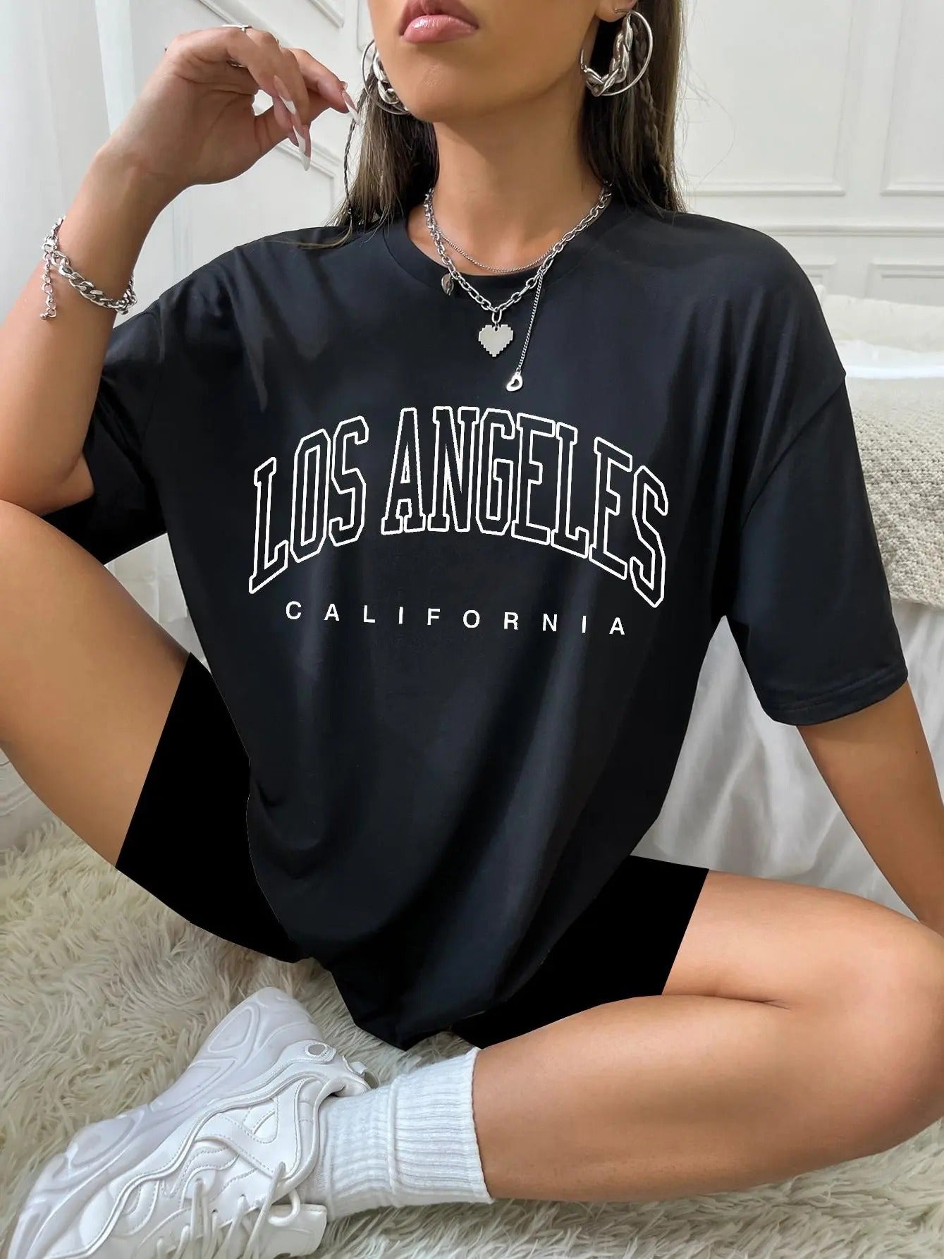 Women's Letter Print Round Neck Drop Shoulder Tee, Summer Clothes Women Short Sleeve Graphic T-shirt, Graphic Tees,...