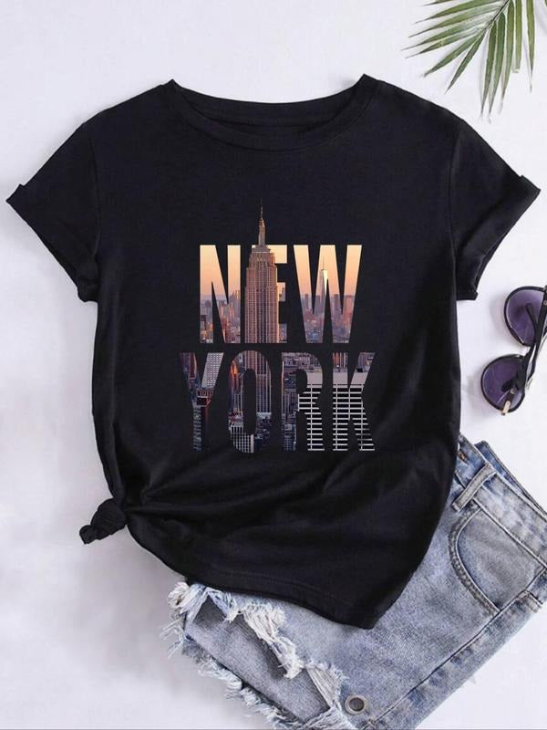 Women's Letter Print Round Neck Graphic Tee, Casual Short Sleeve T-shirt for Daily Wear, Ladies Clothes for All Seasons...