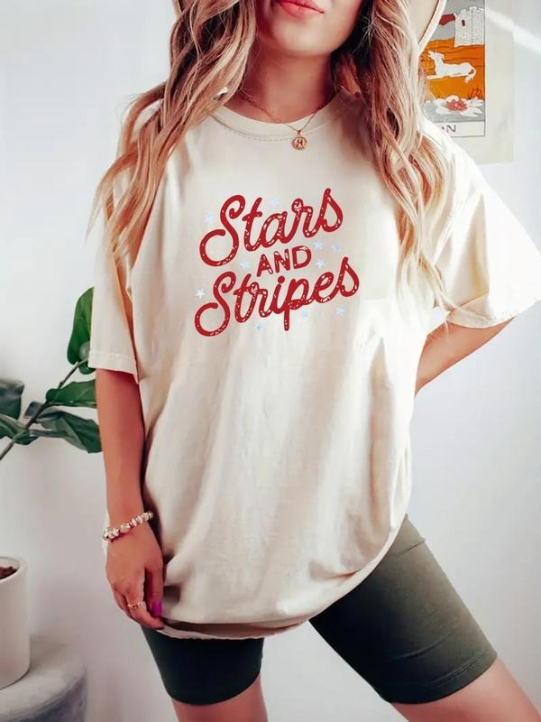 Women's Letter Print Round Neck Graphic Tee, Casual Star & Striped Print Short Sleeve T-Shirt for Daily Wear, Ladies...