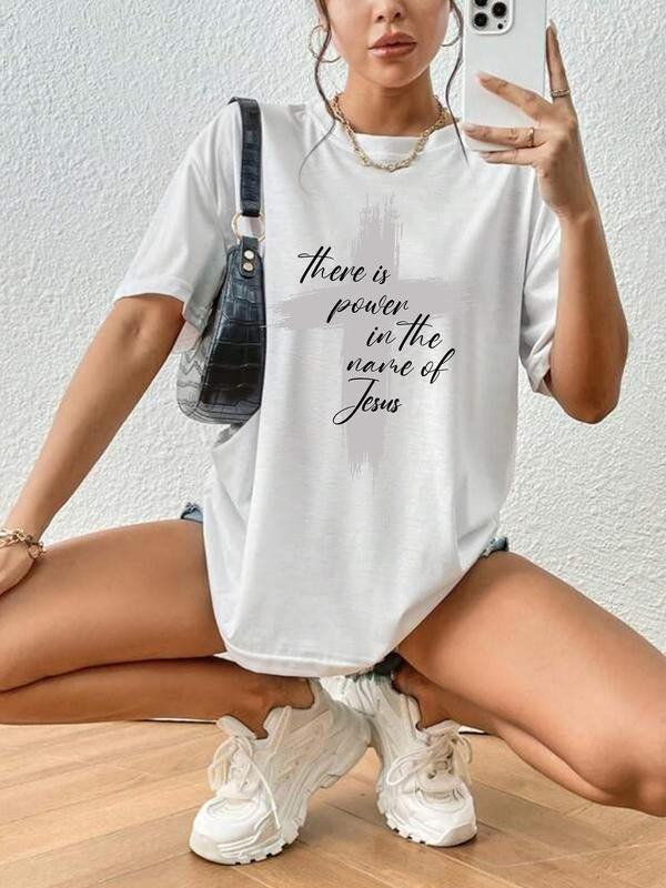 Women's Letter Print Round Neck Graphic Tee, Vintage Trendy Casual Drop Shoulder Half Sleeve T-shirt For Daily Wear,...