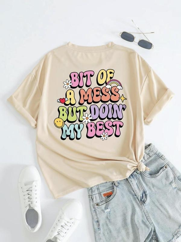 Women's Letter Print Round Neck Graphic Tee, Vintage Trendy Casual Drop Shoulder Short Sleeve T-shirt For Daily Wear,...