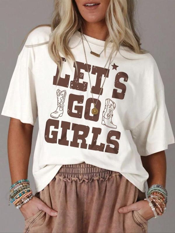 Women's Letter Print Round Neck Graphic Tee, Vintage Trendy Casual Drop Shoulder Short Sleeve T-shirt for Daily Wear,...