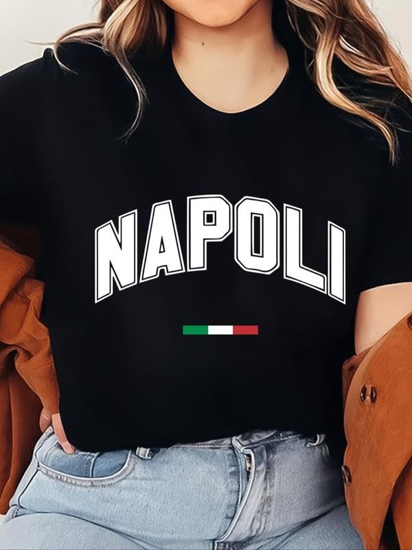 Women's Letter Print Round Neck Graphic Tee, Vintage Trendy Casual Geometric Graphic Short Sleeve T-shirt For Daily Wear,...