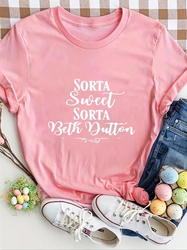 Women's Letter Print Round Neck Graphic Tee, Vintage Trendy Casual Short Sleeve T-shirt For Daily Wear, Ladies Streetwear...