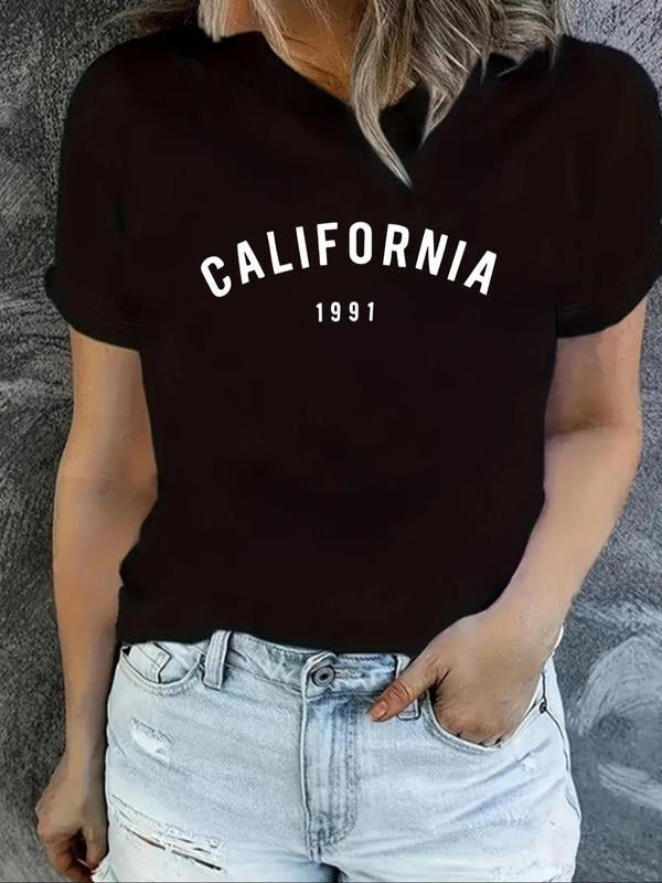 Women's Letter Print Round Neck Graphic Tee, Vintage Trendy Casual Short Sleeve T-shirt For Daily Wear, Ladies Summer...