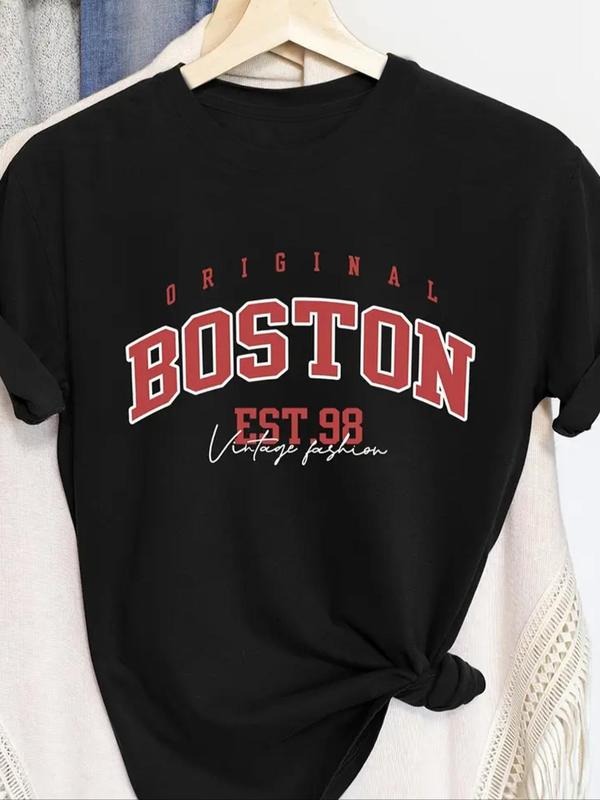 Women's Letter Print Round Neck Graphic Tee, Vintage Trendy Casual Short Sleeve T-shirt for Daily Wear, Ladies Summer...