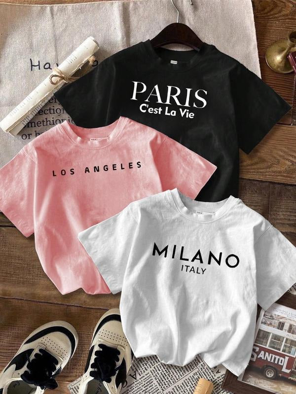Women's Letter Print Round Neck Graphic Tee, Vintage Trendy Casual Short Sleeve T-shirt for Daily Wear, Ladies Summer...