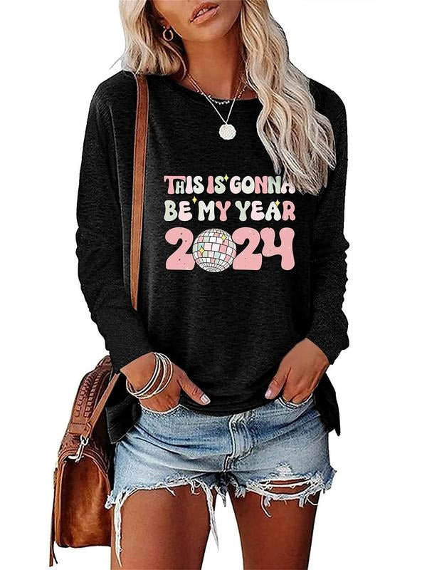 Women's Letter Print Round Neck Long Sleeve Tee, Fashion Casual Crew Neck T-Shirt for Daily Holiday Vacation Outdoor...