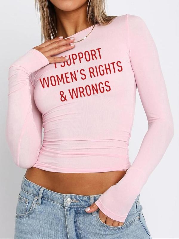 Women's Letter Print Round Neck Long Sleeve Tee, Y2K Trendy Slim-Fit T-Shirt for Daily Wear, Ladies All Seasons Outfit...