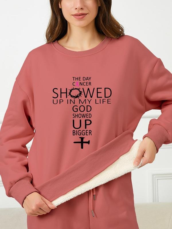 Women's Letter Print Round Neck Plush Sweatshirt, Casual Long Sleeve Pullover, Women's Top for Fall & Winter, Fashion...