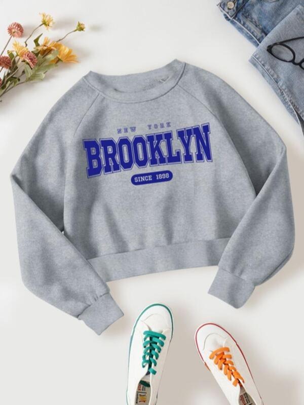 Women's Letter Print Round Neck Sweatshirt, Casual Fashion Raglan Sleeve Pullover for Daily Wear, Ladies Fall & Winter...