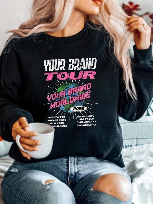 Women's Letter Print Round Neck Sweatshirt, Casual Long Sleeve Crew Neck Pullover for Fall & Winter, Fashion Women's Top...