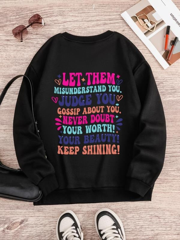 Women's Letter Print Round Neck Sweatshirt, Casual Long Sleeve Crew Neck Pullover for Spring & Fall, Fashion Women's Top...