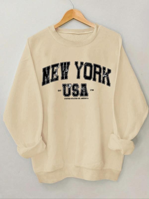 Women's Letter Print Round Neck Sweatshirt, Casual Long Sleeve Crew Neck Pullover for Spring & Fall, Fashion Women's Top...