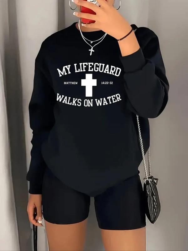 Women's Letter Print Round Neck Sweatshirt, Casual Long Sleeve Pullover for Spring & Fall, Women's Top for Daily Wear...
