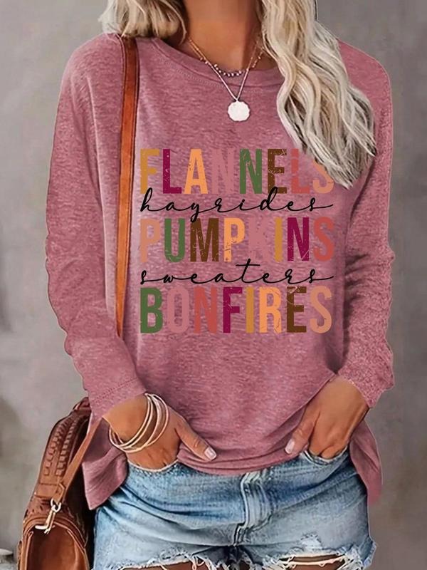 Women's Letter Print Round Neck T-shirt,  T Shirts for Women Fashion Casual Long Sleeve Tee, Women's Top for Daily Wear...