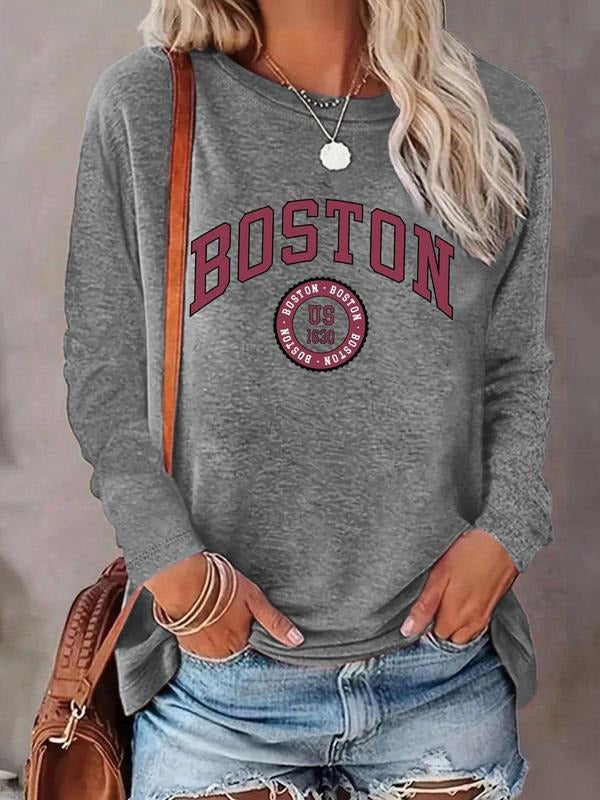 Women's Letter Print Round Neck T-shirt, Casual Long Sleeve Crew Neck Tee for Daily Wear, Ladies Clothes for All Seasons...