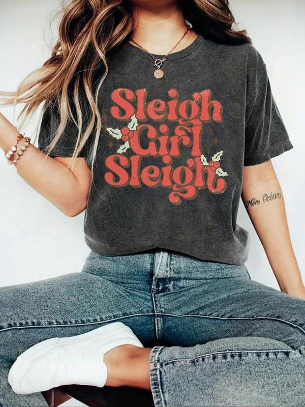 Women's Letter Print Round Neck Tee, Casual Crew Neck Short Sleeve  T-shirt for Summer, Fashion Women's Top for Daily...