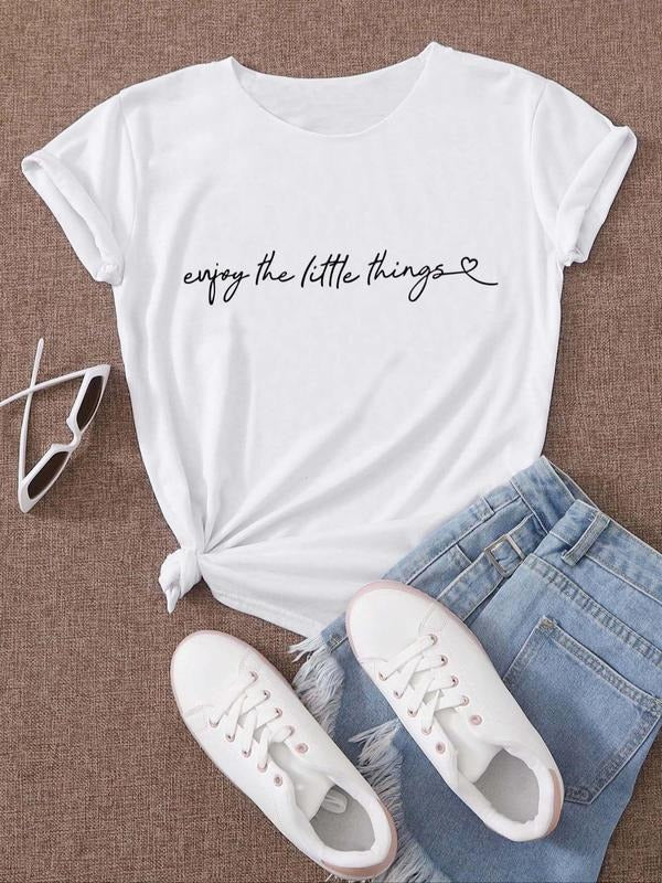 Women's Letter Print Round Neck Tee, Casual Graphic Short Sleeve T-shirt For Daily Wear, Ladies Summer Outfit Hoodie,...