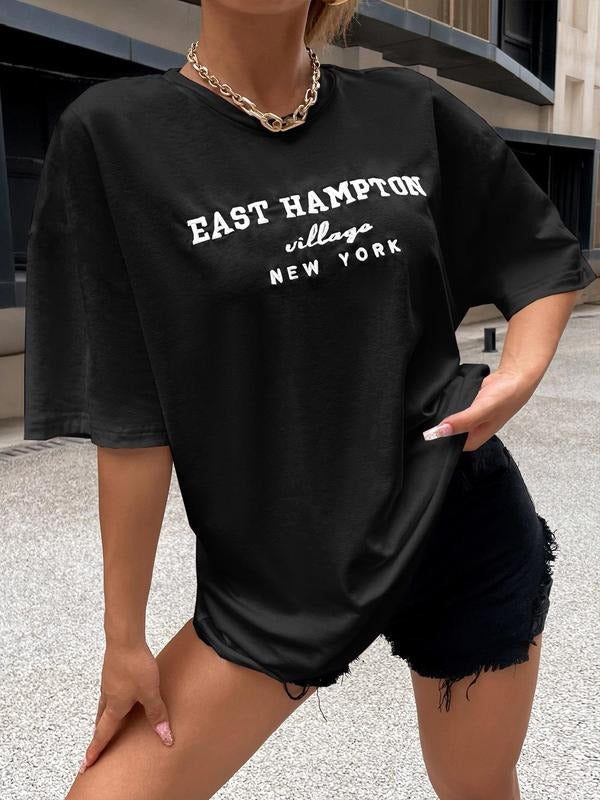 Women's Letter Print Round Neck Tee, Casual Half Sleeve T-Shirt for Daily Wear, Ladies Clothes for All Seasons Hoodie,...