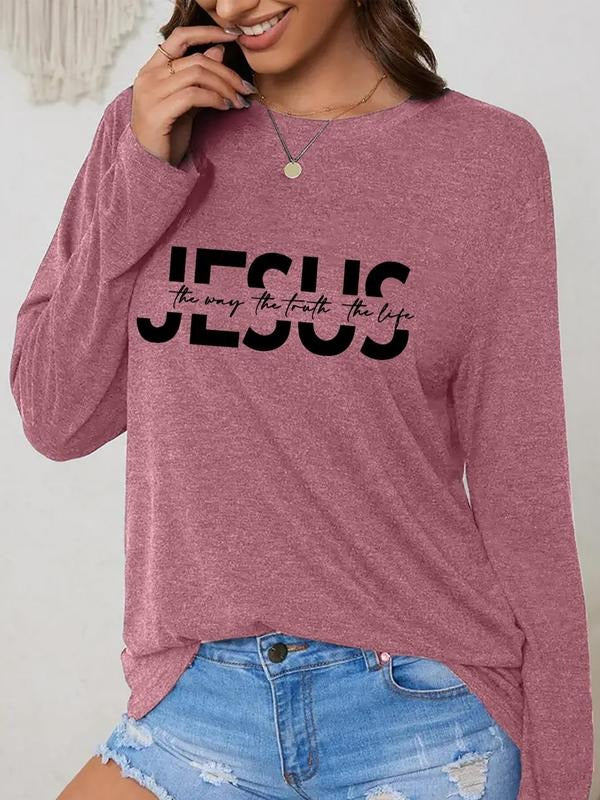 Women's Letter Print Round Neck Tee, Casual Long Sleeve Crew Neck T-shirt for Daily Wear, Ladies Clothes for All Seasons...