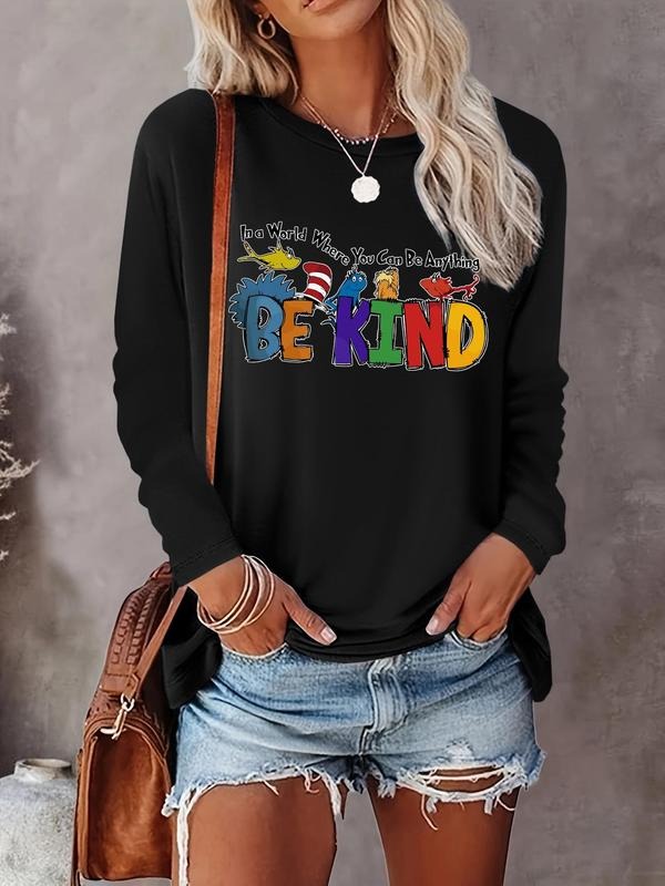 Women's Letter Print Round Neck Tee, Casual Long Sleeve Crew Neck T-shirt for Fall & Winter, Women's Top for Daily...