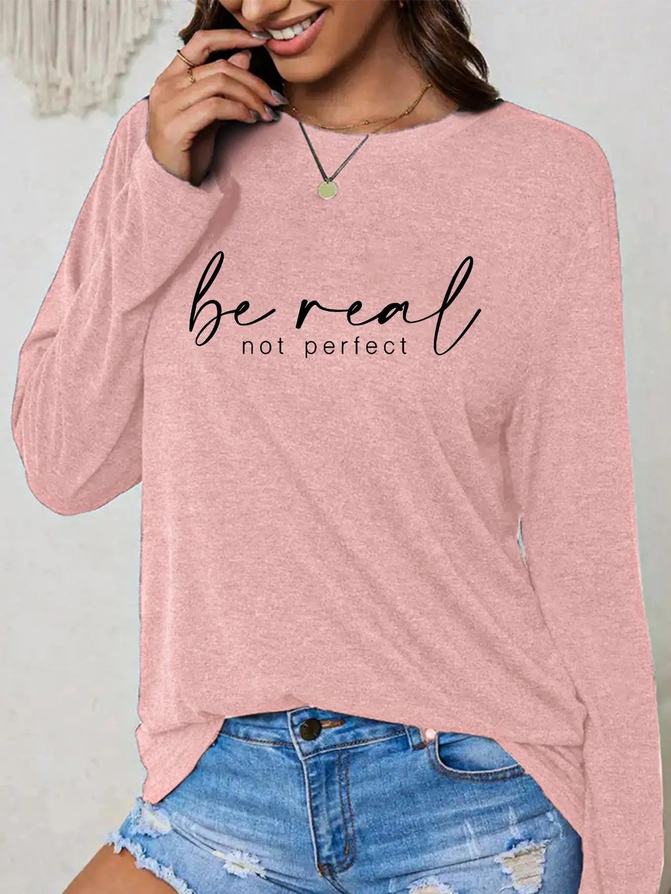 Women's Letter Print Round Neck Tee, Casual Long Sleeve T-shirt for Spring & Fall, Women's Top for Daily Wear style 02...