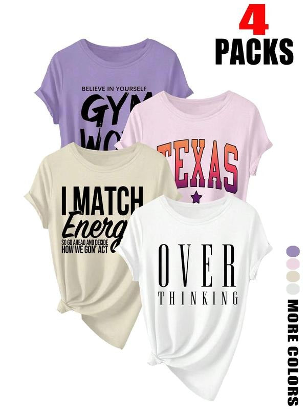 Women's Letter Print Round Neck Tee, Casual Short Sleeve Crew Neck T-Shirt for Summer, Fashion Women's Top for Daily Wear...