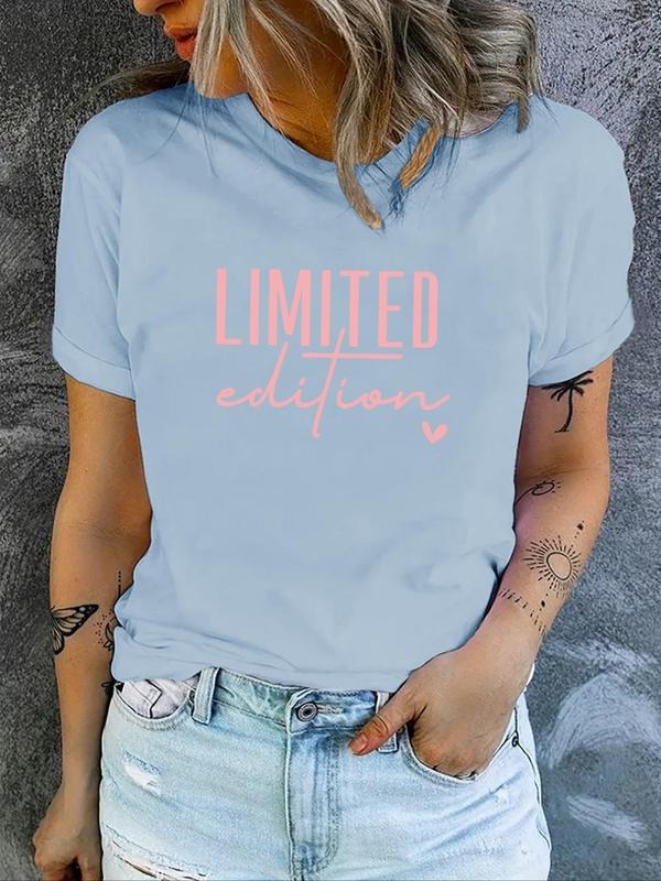Women's Letter Print Round Neck Tee, Casual Short Sleeve Crew Neck T-Shirt for Summer, Fashion Women's Top for Daily Wear...