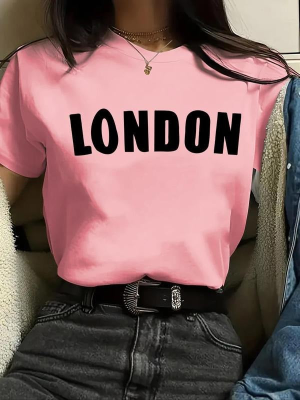 Women's Letter Print Round Neck Tee, Casual Short Sleeve Crew Neck T-Shirt for Summer, Fashion Women's Top for Daily Wear...