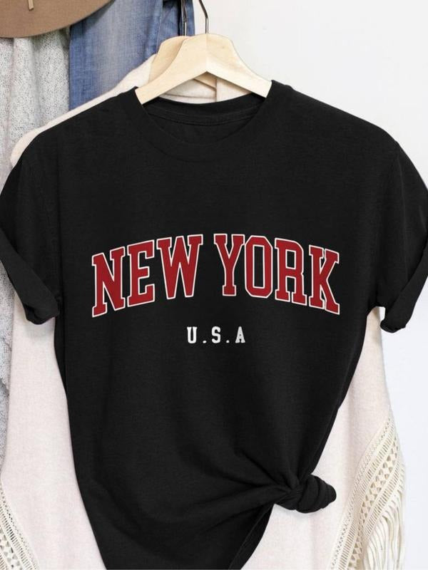 Women's Letter Print Round Neck Tee, Casual Short Sleeve Crew Neck T-Shirt for Summer, Fashion Women's Top for Daily Wear...