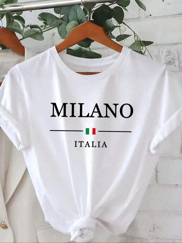 Women's Letter Print Round Neck Tee, Casual Short Sleeve Crew Neck T-Shirt for Summer, Fashion Women's Top for Daily Wear...