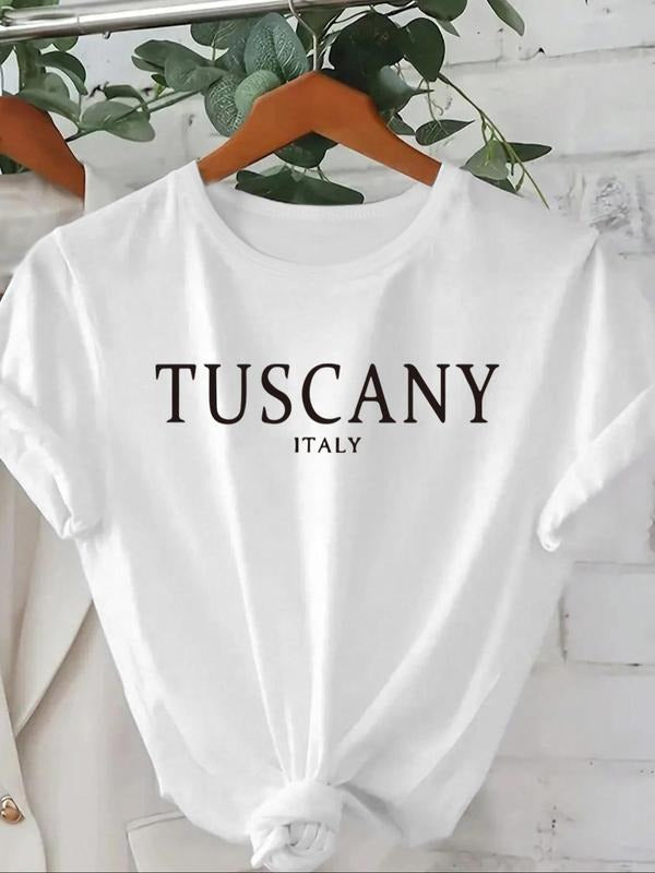 Women's Letter Print Round Neck Tee, Casual Short Sleeve Crew Neck T-Shirt for Summer, Fashion Women's Top for Daily Wear...