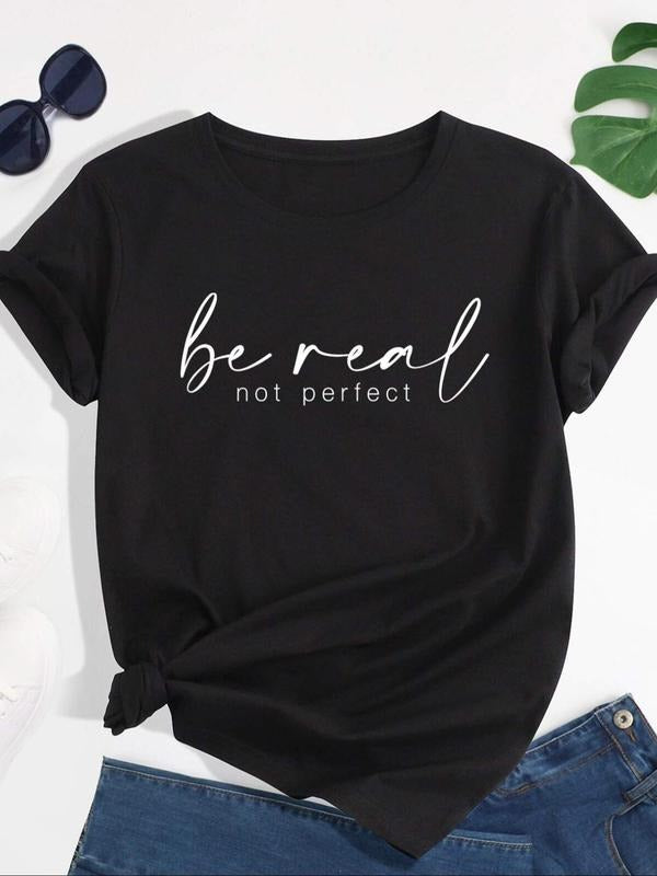 Women's Letter Print Round Neck Tee, Casual Short Sleeve Crew Neck T-Shirt for Summer, Fashion Women's Top for Daily Wear...