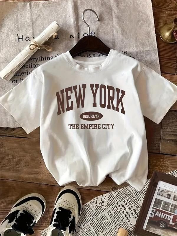 Women's Letter Print Round Neck Tee, Casual Short Sleeve Crew Neck T-Shirt for Summer, Fashion Women's Top for Daily Wear...