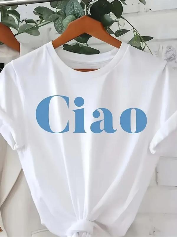 Women's Letter Print Round Neck Tee, Casual Short Sleeve Crew Neck T-Shirt for Summer, Fashion Women's Top for Daily Wear...