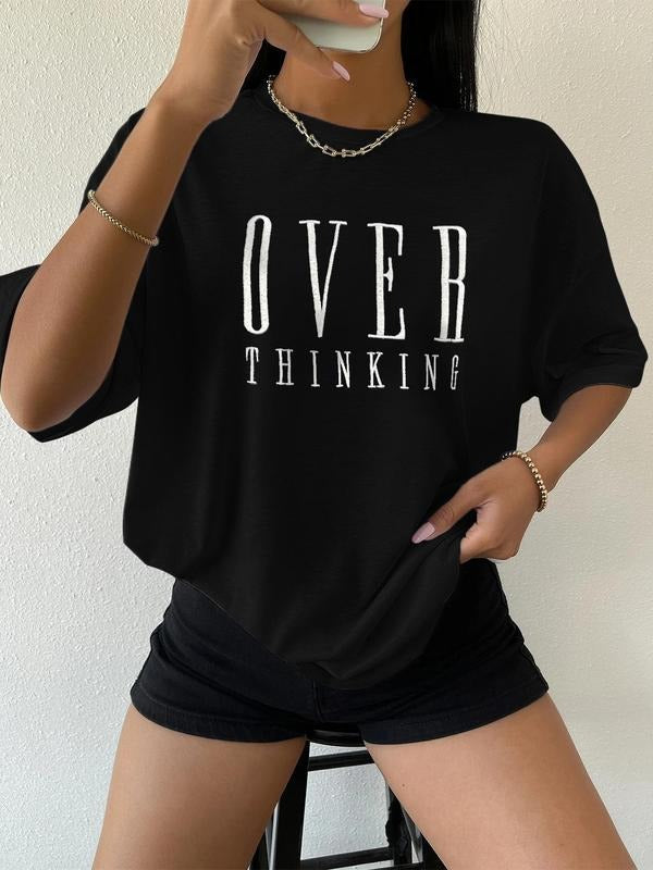 Women's Letter Print Round Neck Tee, Casual Short Sleeve Crew Neck T-Shirt for Summer, Fashion Women's Top for Daily Wear...