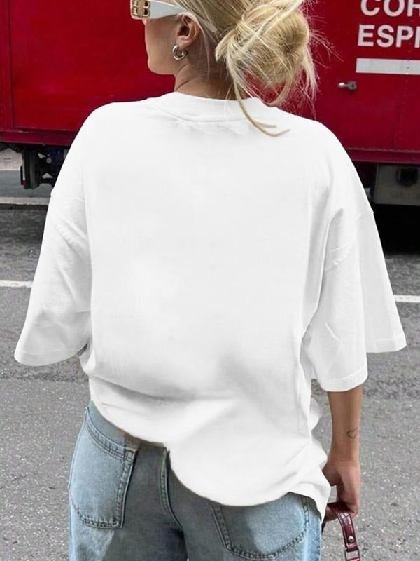 Women's Letter Print Round Neck Tee, Casual Short Sleeve Crew Neck T-Shirt for Summer, Fashion Women's Top for Daily Wear...