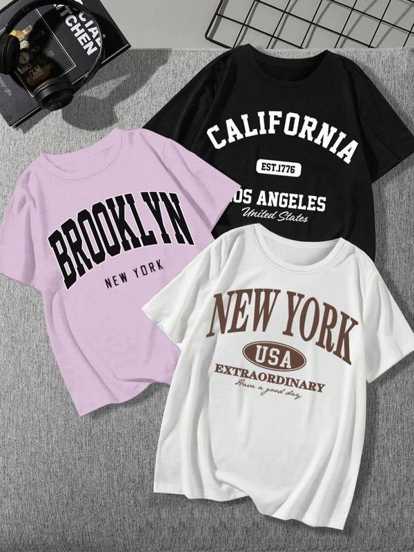 Women's Letter Print Round Neck Tee, Casual Short Sleeve Crew Neck T-Shirt for Summer, Fashion Women's Top for Daily...