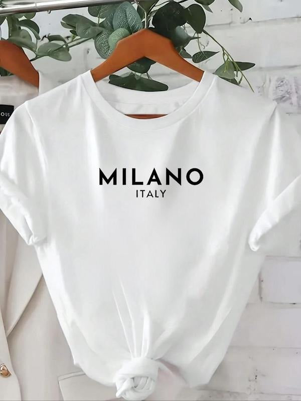 Women's Letter Print Round Neck Tee, Casual Short Sleeve Crew Neck T-Shirt for Summer, Fashion Women's Top for Daily...
